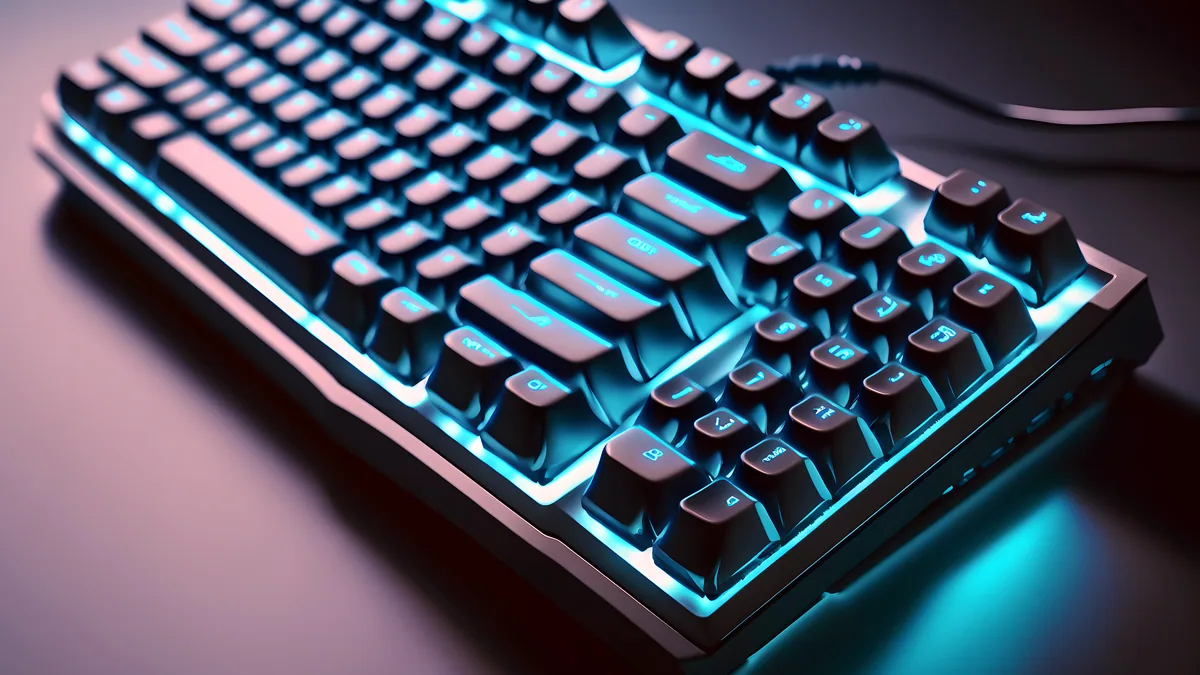 A backlit gaming keyboard glowing blue on a dark desk, ready for a free session.