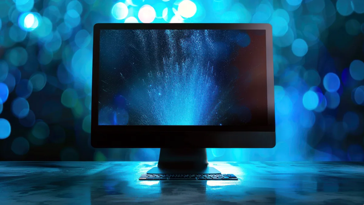 A desktop computer screen casting blue light across a dark room in the evening.
