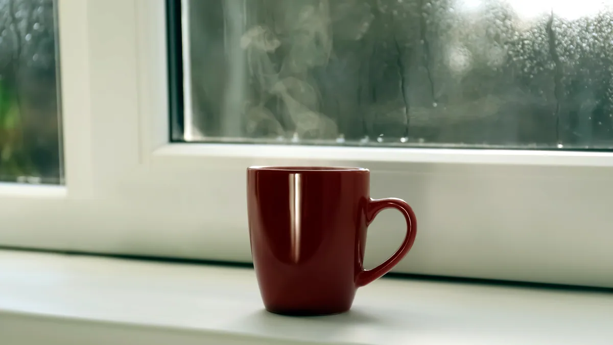 A steaming cup of coffee sitting on a sunny window sill, time passing by itself.