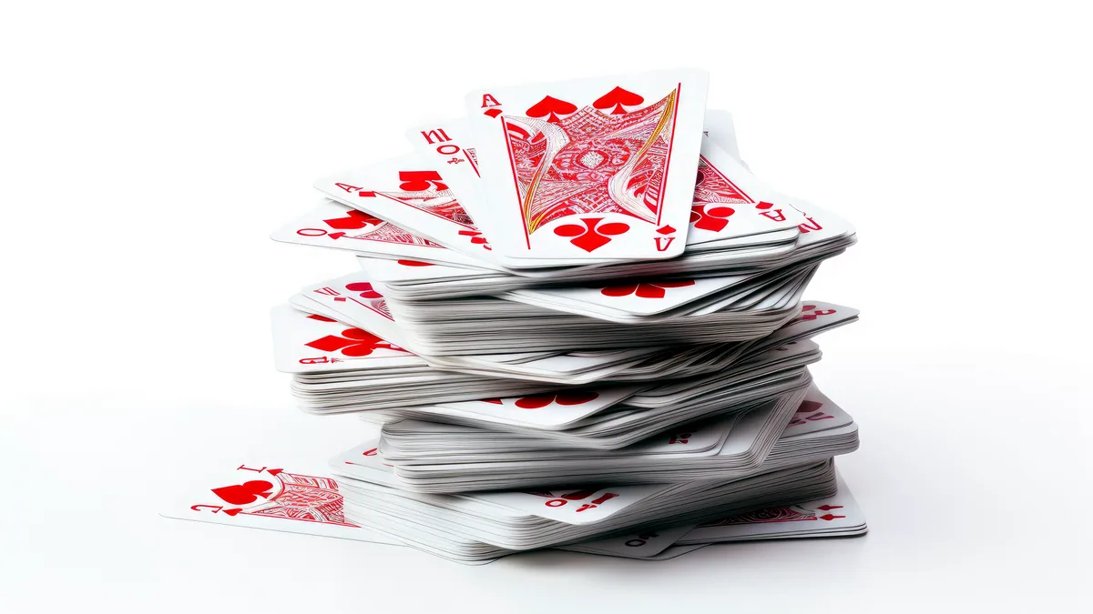 Several small piles of playing cards stacked on a wooden table, one by one.